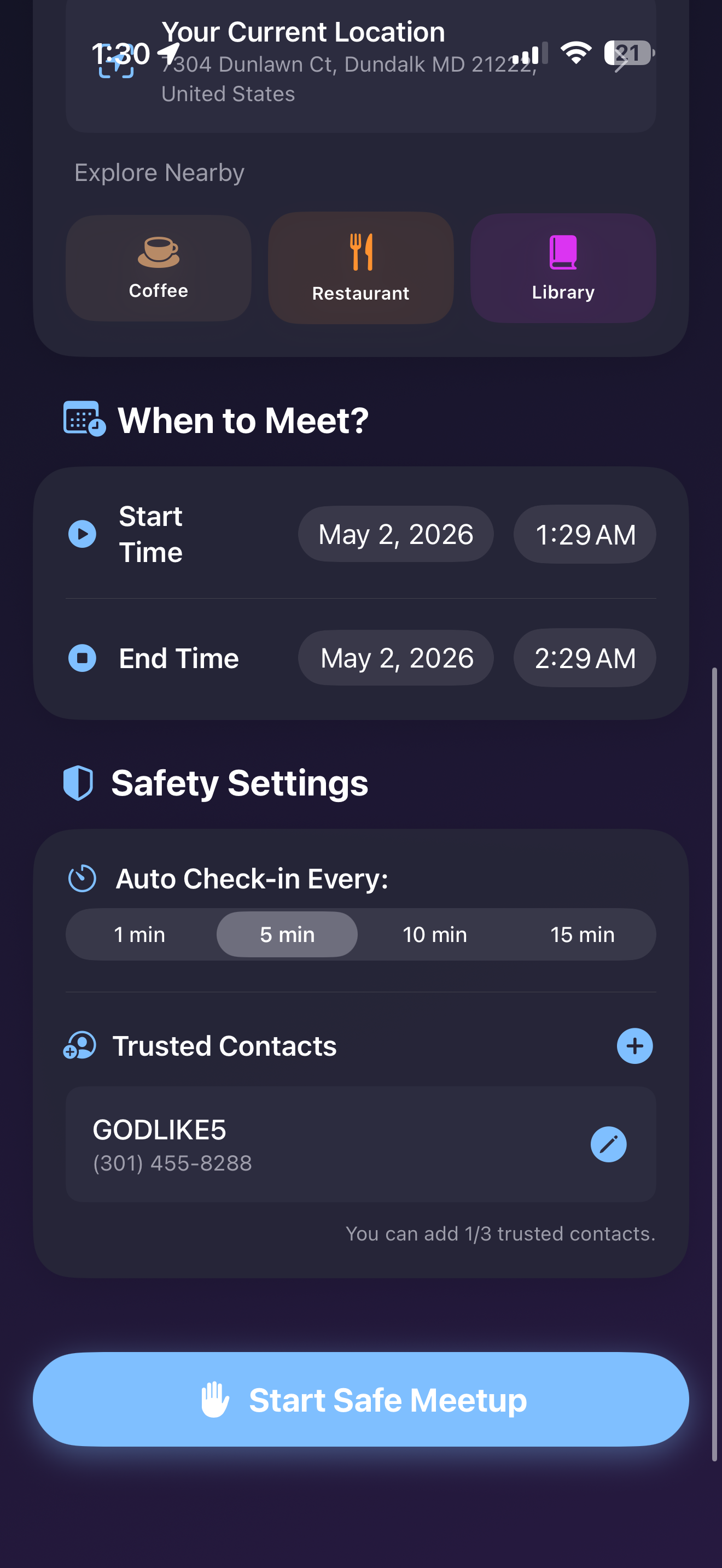 SafeMeet new meetup setup screen