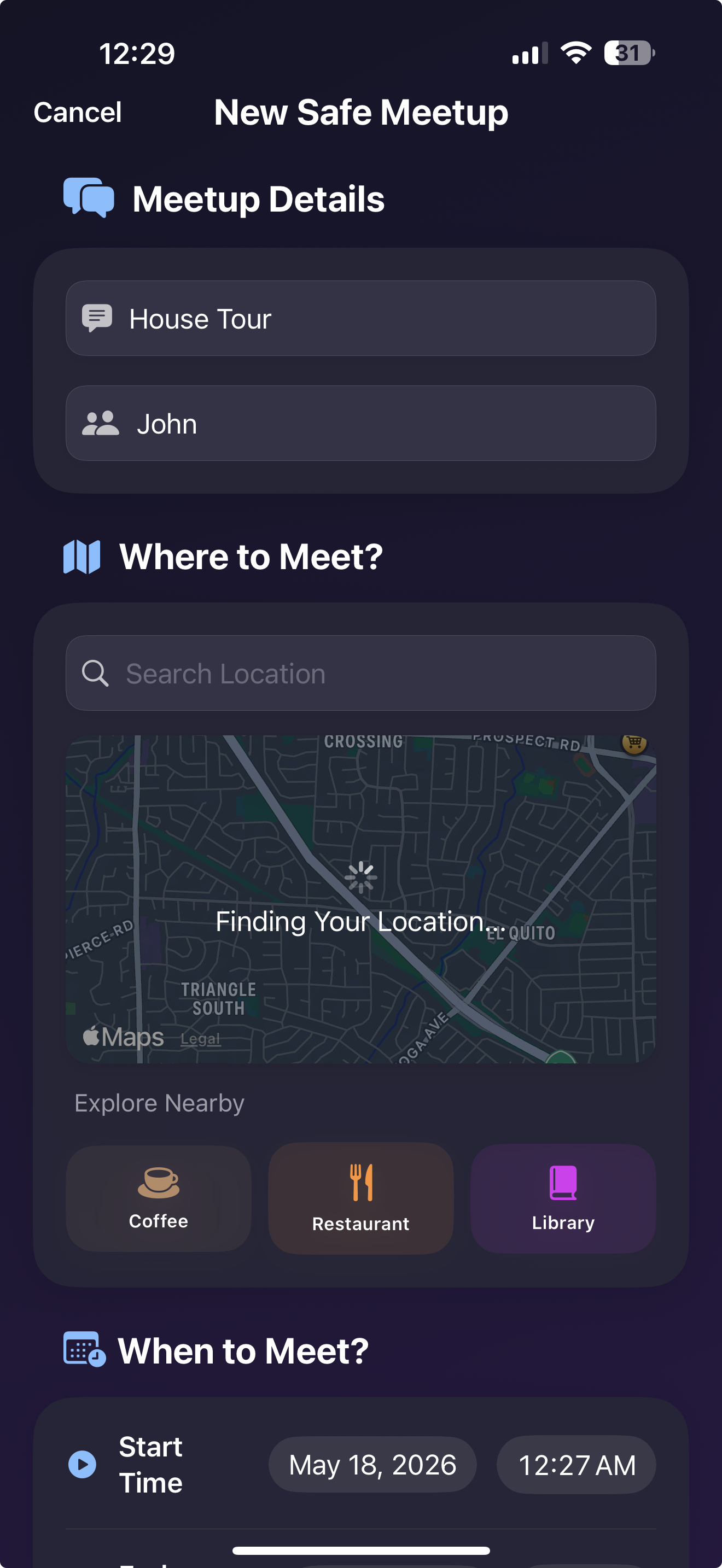 SafeMeet new meetup setup screen