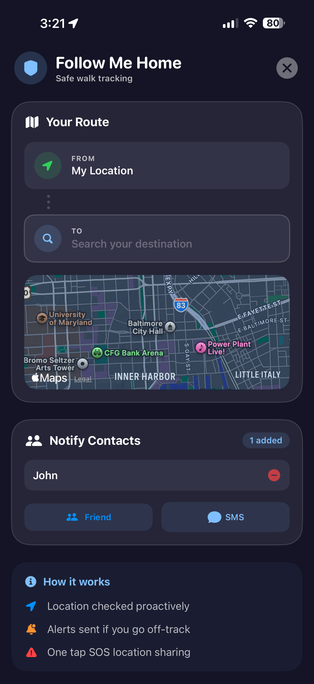 Follow Me Home map screen showing live route