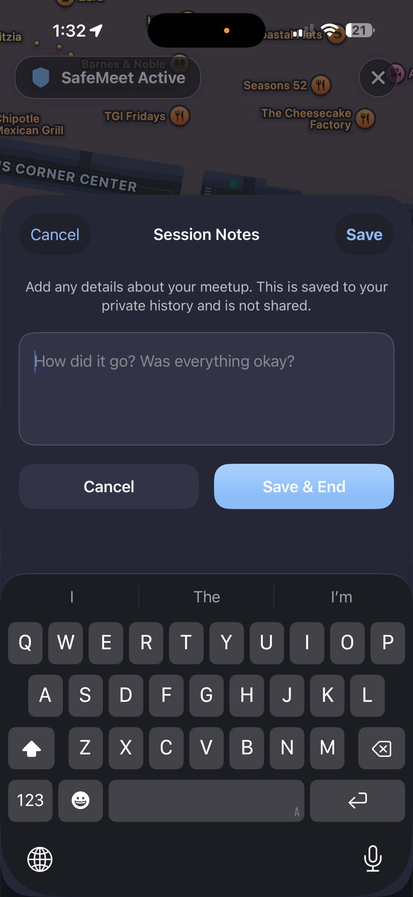 Session notes and history screen