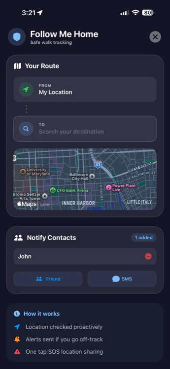 Follow Me Home map screen showing live route