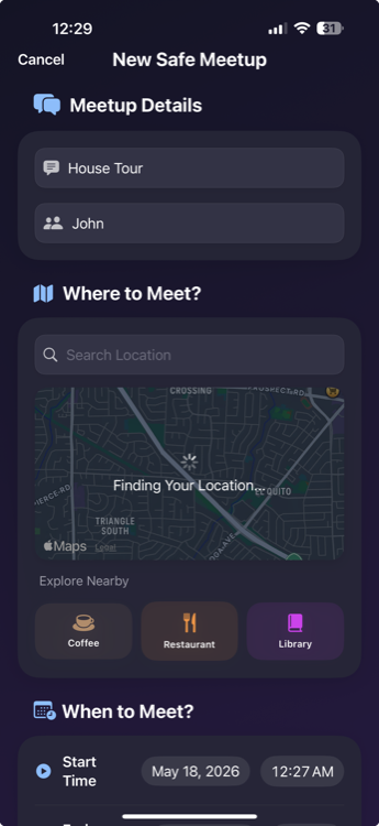 SafeMeet new meetup setup screen