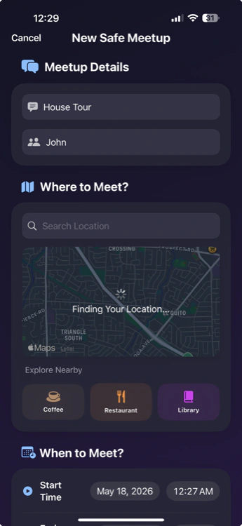 SafeMeet new meetup setup screen