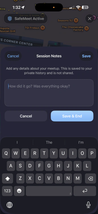 Session notes and history screen